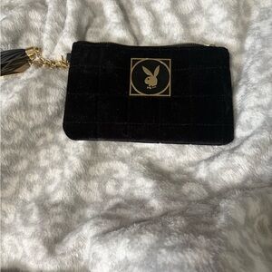 Playboy Black Quilted Velvet Wristlet with Gold Logo